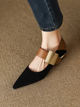 2023 Новые осенние женские туфли-лодочки Mary Jane на низком каблуке в винтажном стиле, коричневые французские мюли на плоской подошве с острым носком, zapatos mujer