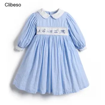 2024 Clibeso, Весеннее платье с милым цветочным принтом для маленьких девочек, Модное вечернее Синее платье, Детская одежда ручной работы для младенцев