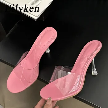 Eilyken, Новый дизайн, Женские тапочки на тонком высоком каблуке, Летние ПВХ Прозрачные Стриптизеры с открытым носком, Желейные слайды, обувь