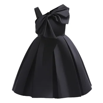 Платье принцессы для девочек, Черно-розовое однотонное карнавальное платье с бантом на одно плечо, детский костюм для вечеринки по случаю дня рождения, свадебное торжественное платье